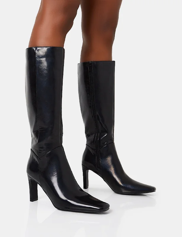 women's heeled boots with cutoutsPose Black Textured Pu Zip Up Knee High Slim Block Heeled Boots