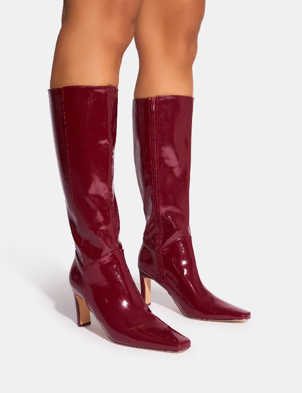 women's heeled boots for fashion-forward looksPose Burgundy Patent Zip Knee High Slim Block Heeled Boots