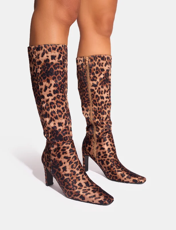 women's heeled boots in neutral colorsPose Leopard Wide Fit Zip Up Knee High Slim Block Heeled Boots