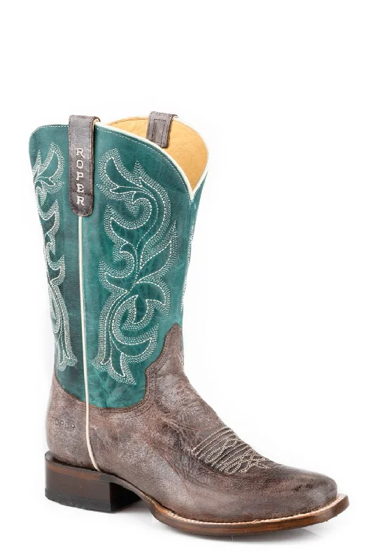 women's cowboy boots with stacked heelRoper Womens Harper Brown/Turquoise Leather Cowboy Boots