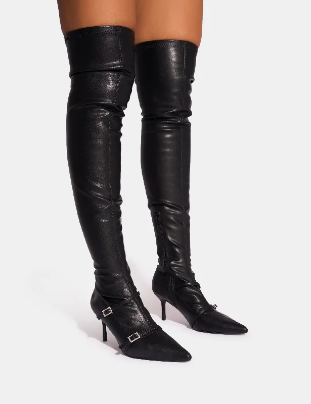 women's heeled boots for rainy daysRoulette Black Pointed Toe Diamante Buckle Mid Heel Over The Knee Sock Boots