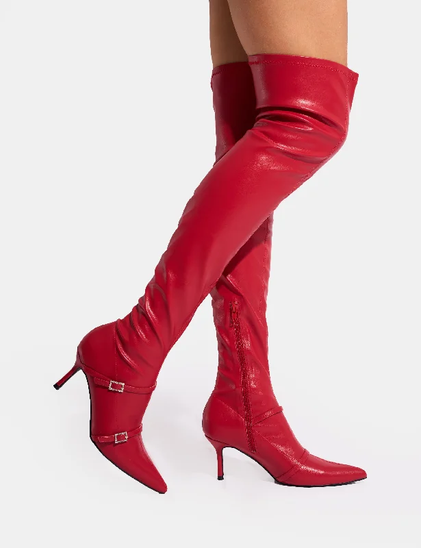 women's heeled boots with hidden wedgesRoulette Red Pointed Toe Diamante Buckle Mid Heel Over The Knee Sock Boots