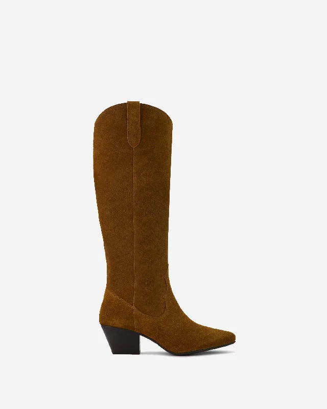 women's heeled boots with zippersSaffron Knee High Boots in Tan Suede