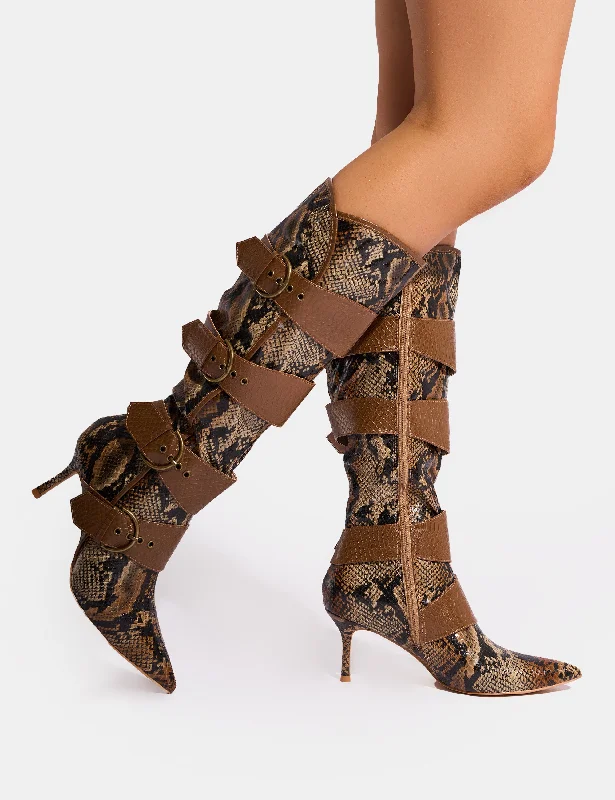 women's heeled boots for petiteSamurai Snake Multi Buckle Pointed Toe Boots