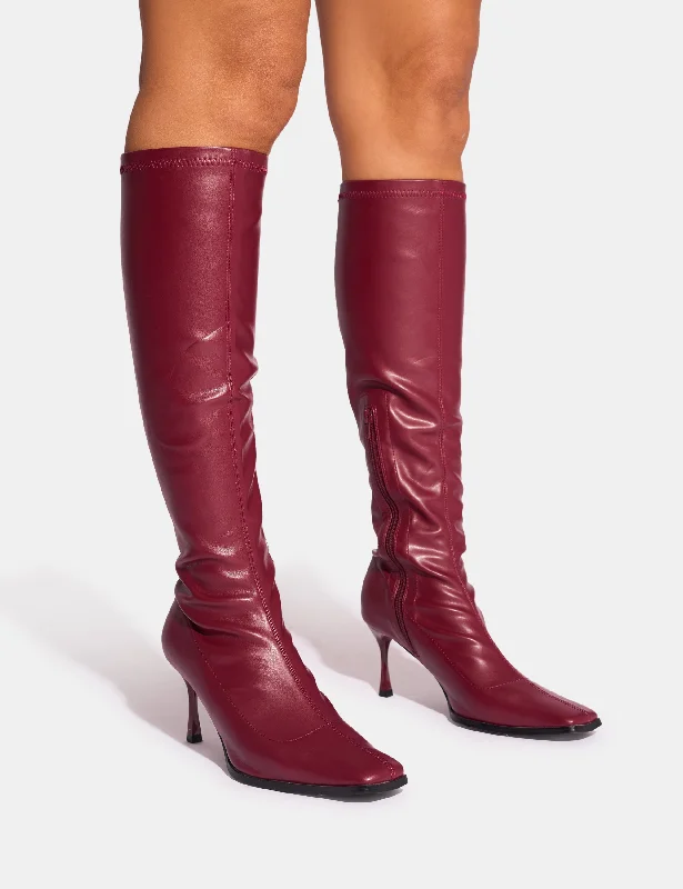 women's heeled boots for wide calvesScorpion Burgundy Mid Heel Sock Knee High Boots