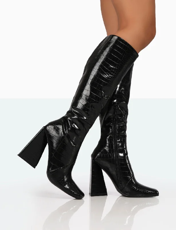 women's heeled boots with studsSenna Black Patent Croc Knee High Block Heel Boots