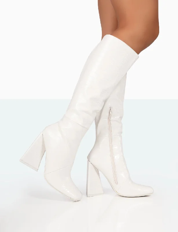 waterproof heeled boots for womenSenna White Croc Pu Knee High Block Heel Boots