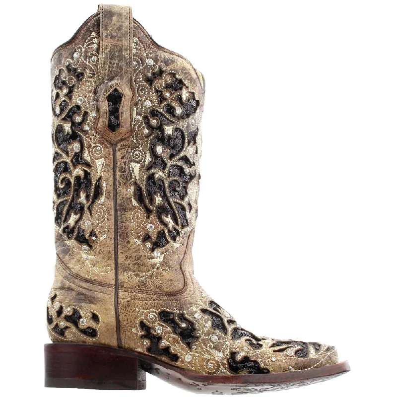 women's cowboy boots for casual wearSequined Tooled-Inlay Square Toe Cowboy Boots