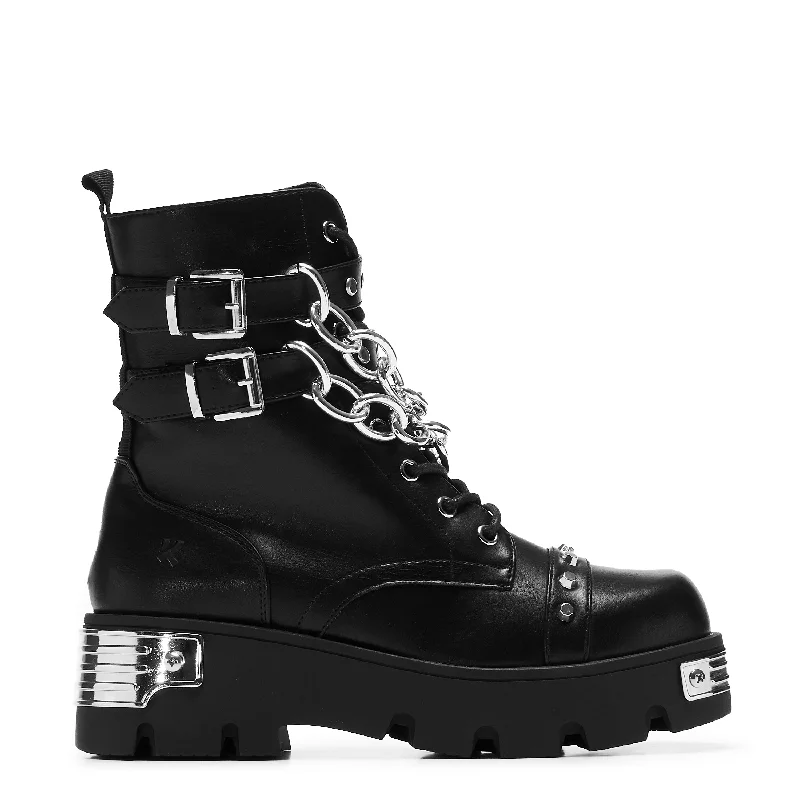 women's ankle boots with over-the-knee lookShackled Shadows Heavy Duty Chain Biker Boots - Black