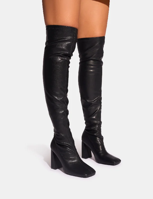 women's heeled boots for fashion bloggersShowoff Black Pu Block Heel Over the Knee Boot