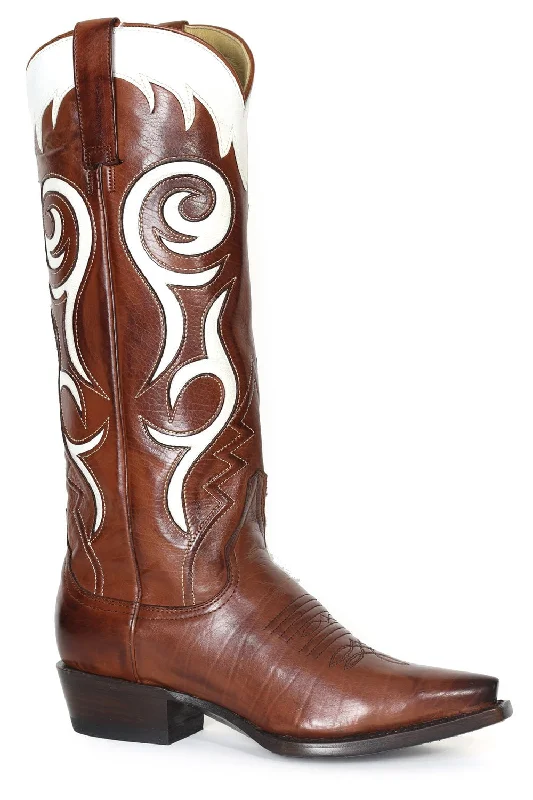 women's cowboy boots with floral designsStetson Womens Mavis Brown/White Calf Leather Cowboy Boots