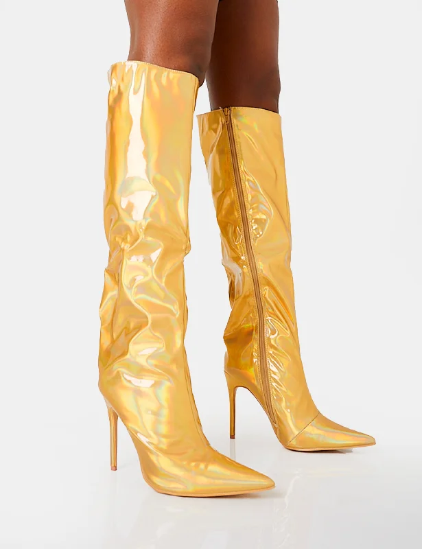 women's heeled boots with pointed toesTai Wide Fit Gold Metallic Pointed Toe Stiletto Knee High Boots