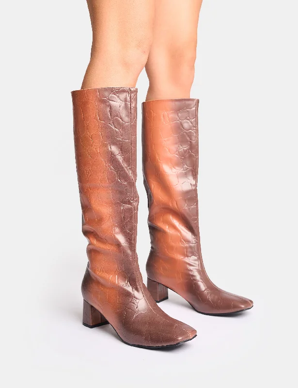 women's heeled boots for concertsTamira Brown Ombre Block Heel Knee High Boots