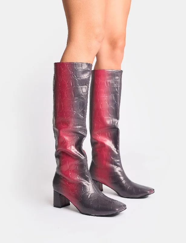 women's heeled boots with tassel detailsTamira Red Ombre Block Heel Knee High Boots