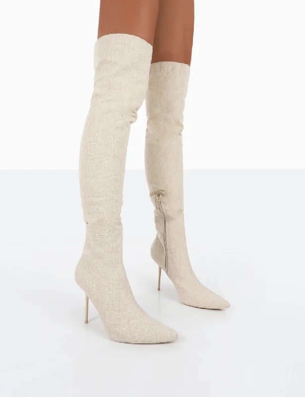 women's heeled boots in metallic finishesTianna Natural Linen Pointed Toe Over The Knee Stiletto Boots