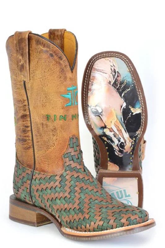 women's cowboy boots for narrow feetTin Haul Womens Laced Tan/Turquoise Leather Cowboy Boots