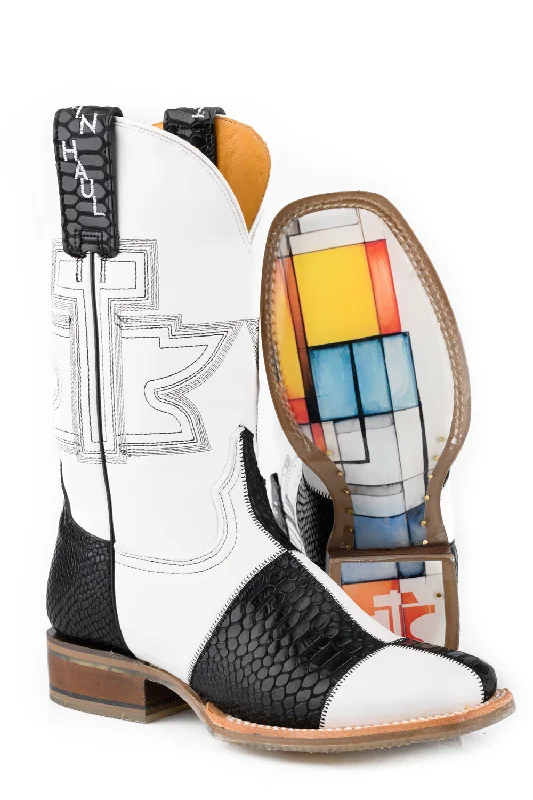 women's cowboy boots with studsTin Haul Womens Mondrian Black/White Leather Cowboy Boots