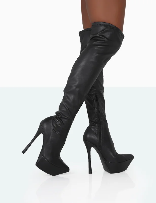 women's ankle heeled bootsTrixie Black Grain Pu Stiletto Platform Over the Knee Boots