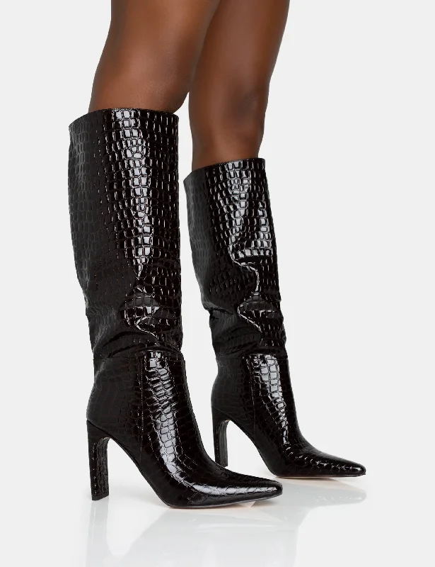 women's heeled boots with square toesUndone Brown Patent Croc Knee High Zip Up Thin Block Heeled Boots