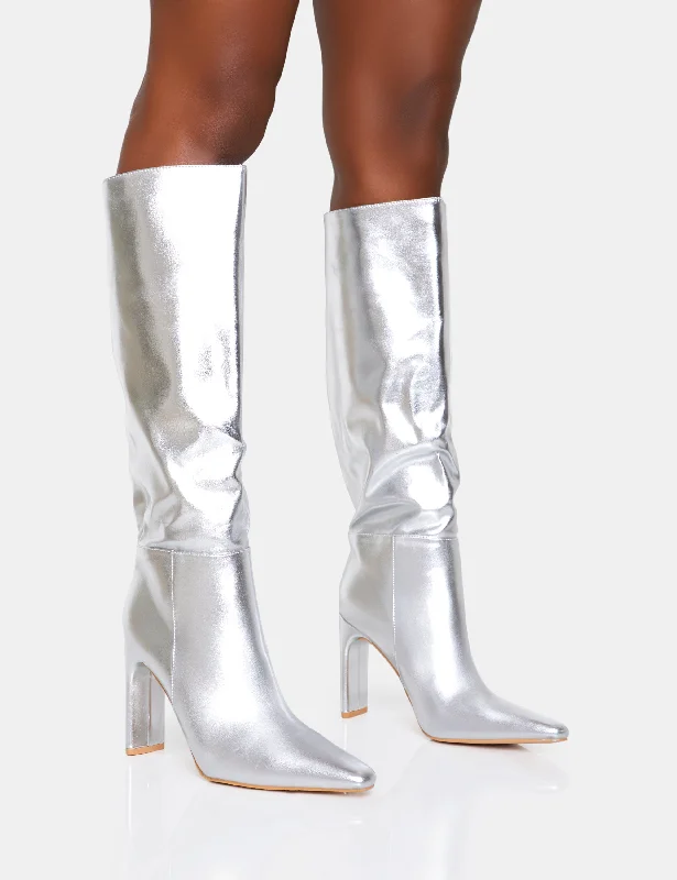 women's heeled riding bootsUndone Silver Pu Knee High Zip Up Pointed Toe Thin Block Heeled Boots