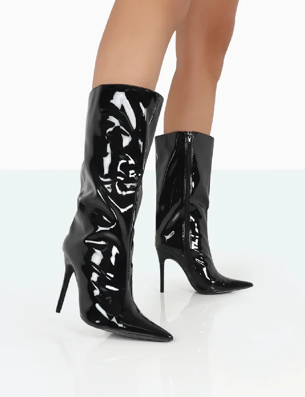 women's heeled boots for fashion-forward looksWanda Black Patent PU Pointed Toe Stiletto Knee High Boots