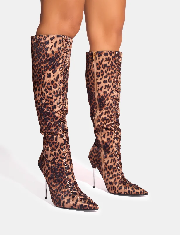 women's heeled riding bootsWitchcraft Leopard Lace Up Knee High Boots