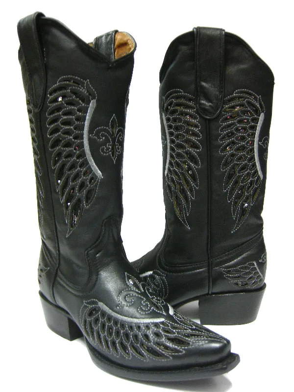 women's cowboy boots with ankle boots styleWomens Black Cowboy Boots Fleur-De-Lis & Wings Sequins - Snip Toe