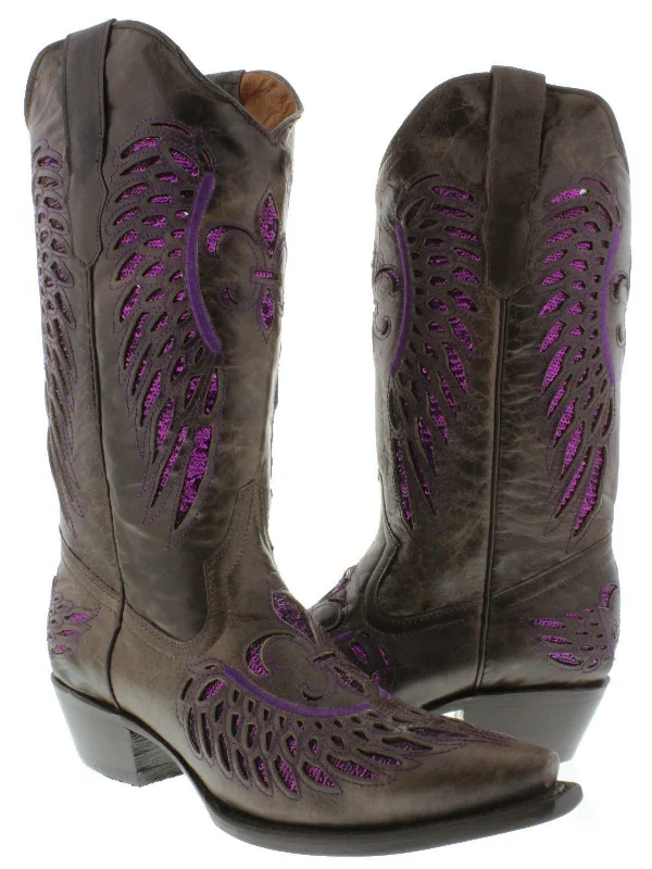 Womens Brown Cowboy Boots Fleur-De-Lis & Wings Purple Sequins - Snip Toe