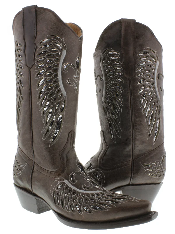 women's cowboy boots with square toeWomens Brown Cowboy Boots Fleur-De-Lis & Wings Silver Sequins - Snip Toe