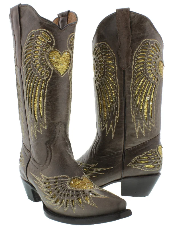 women's cowboy boots with insole supportWomens Brown Cowboy Boots Gold Heart & Wings Sequins - Snip Toe