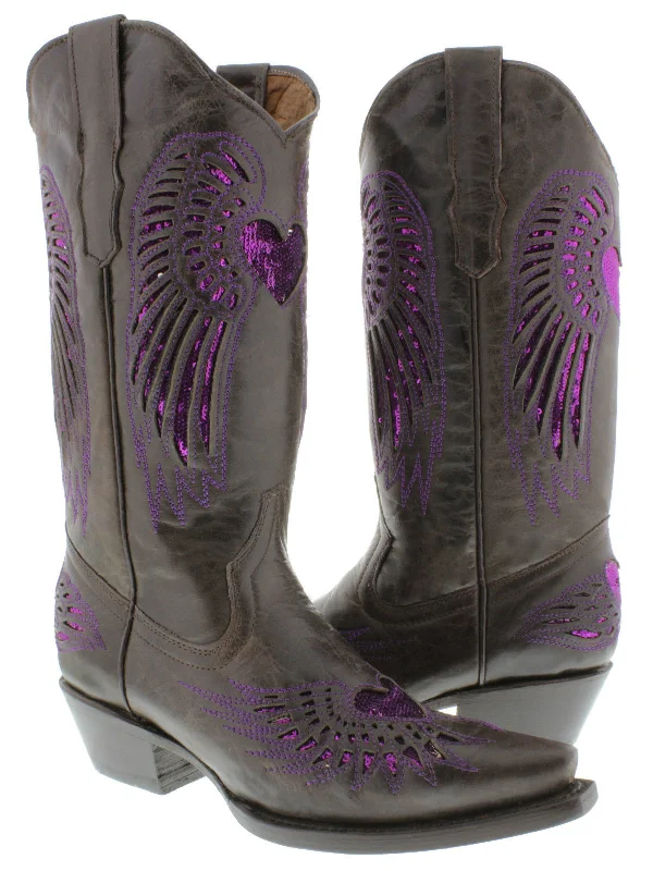 stylish women's cowboy bootsWomens Brown Cowboy Boots Purple Heart & Wings Sequins - Snip Toe