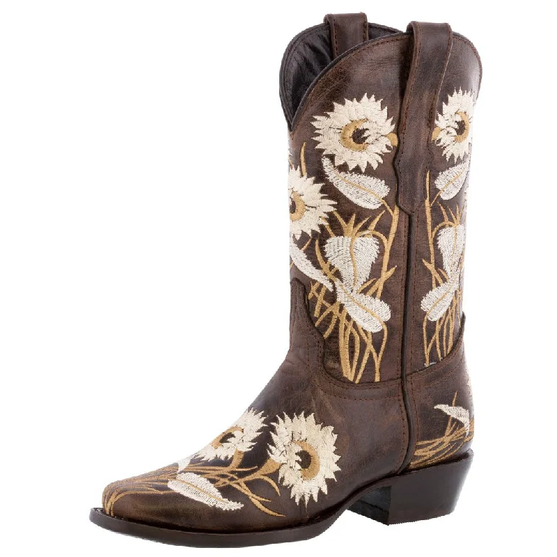 women's cowboy boots with cutoutsWomens Brown Western Boots Sunflower Embroidered Leather - Square Toe