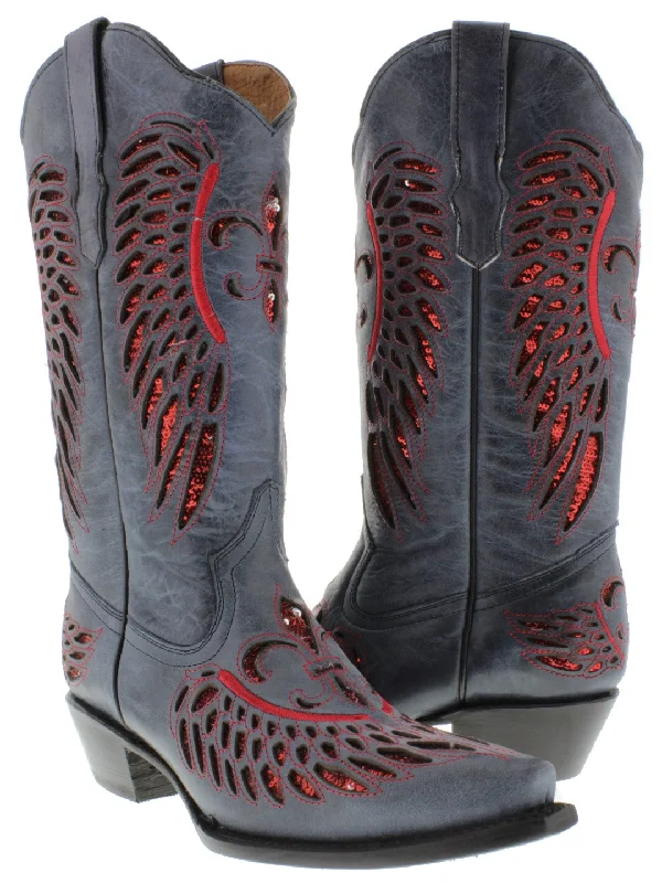 women's cowboy boots for festivalsWomens Denim Blue Boots Fleur-De-Lis & Wings Red Sequins - Snip Toe