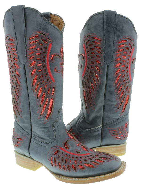 women's cowboy boots for everyday wearWomens Denim Blue Cowboy Boots Fleur-De-Lis & Wings Red Sequins - Square Toe