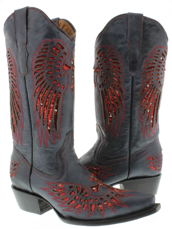 women's cowboy boots with zippersWomens Denim Blue Cowboy Boots Red Cross & Wings Sequins - Snip Toe