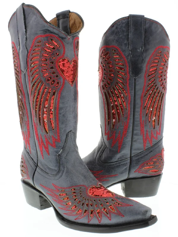 women's cowboy boots with pull strapsWomens Denim Blue Cowboy Boots Red Heart & Wings Sequins - Snip Toe