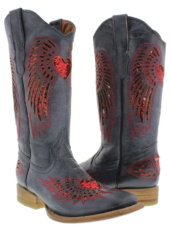 women's cowboy boots with cutoutsWomens Denim Blue Cowboy Boots Red Heart & Wings Sequins - Square Toe