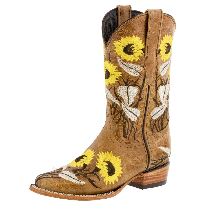 women's cowboy boots with lace-up detailWomens Honey Brown Western Boots Sunflower Embroidered Leather - Square Toe