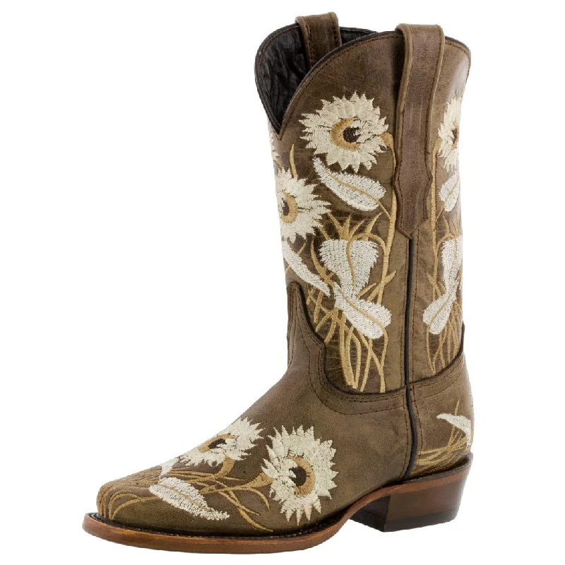 women's cowboy boots with zippersWomens Light Brown Western Boots Sunflower Embroidered Leather - Square Toe