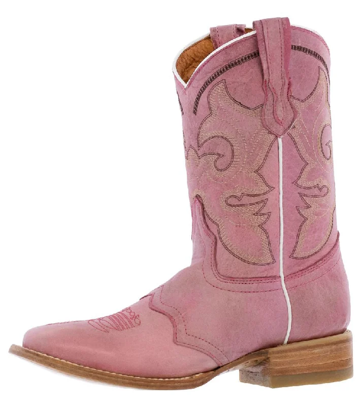 women's cowboy boots for festivalsWomens MC560 Pink Stitched Leather Cowboy Boots Square Toe