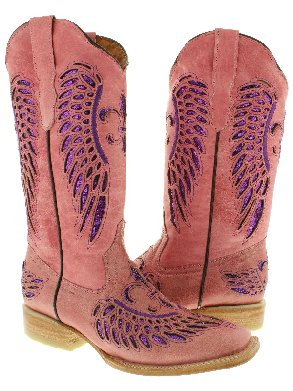 women's cowboy boots with cutoutsWomens Pink Cowboy Boots Fleur-De-Lis & Wings Purple Sequins - Snip Toe