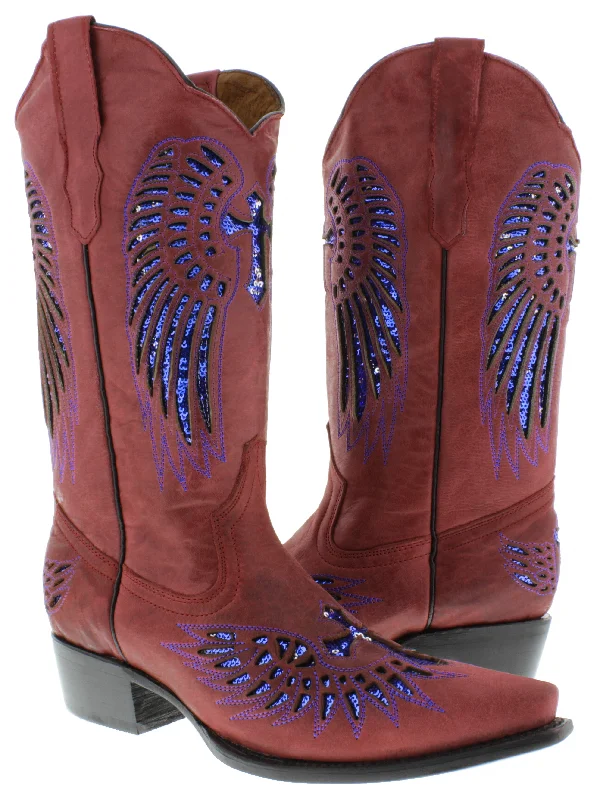 women's cowboy boots with insole supportWomens Red Cowboy Boots Blue Cross & Wings Sequins - Snip Toe