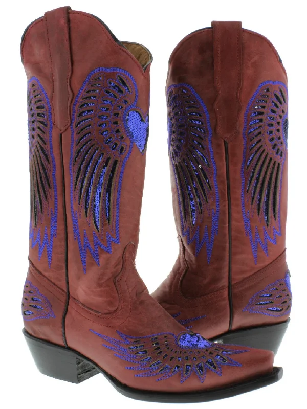 women's cowboy boots with embroideryWomens Red Cowboy Boots Blue Heart & Wings Sequins - Snip Toe