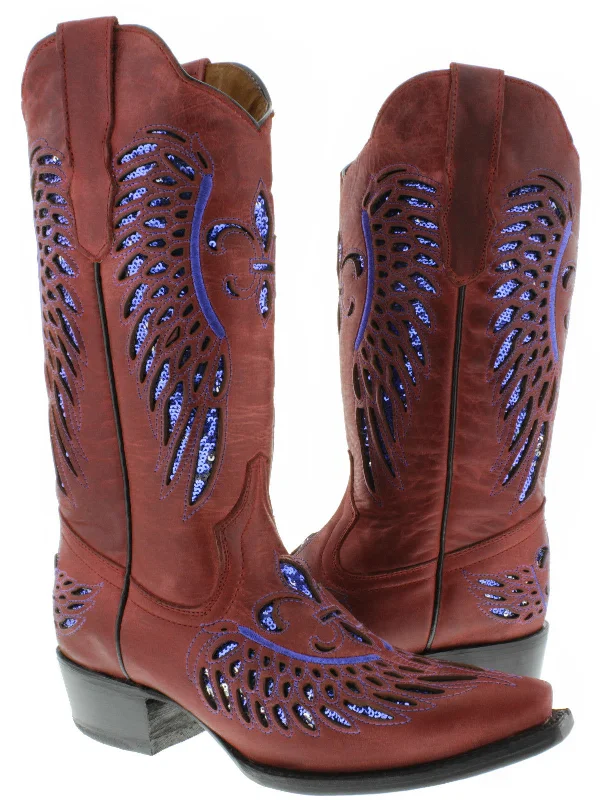 women's cowboy boots with rhinestonesWomens Red Cowboy Boots Fleur-De-Lis & Wings Blue Sequins - Snip Toe