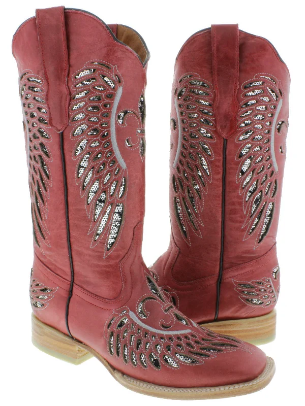 women's cowboy boots with low heelWomens Red Cowboy Boots Fleur-De-Lis & Wings Silver Sequins - Square Toe