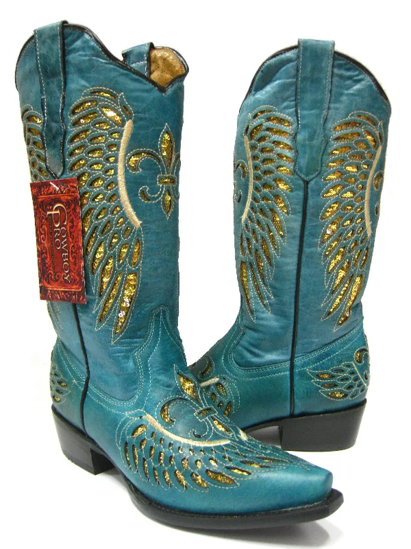 women's cowboy boots for plus sizeWomens Turquoise Cowboy Boots Fleur-De-Lis & Wings Gold Sequins - Snip Toe