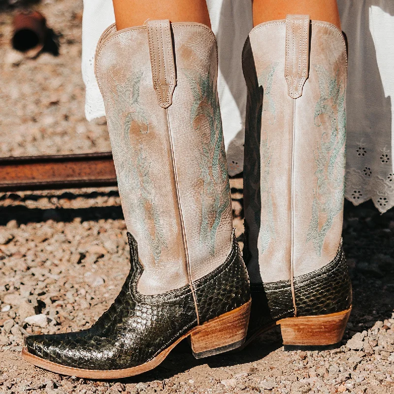 women's moto boots with chain detailWoodland - Olive Python Multi