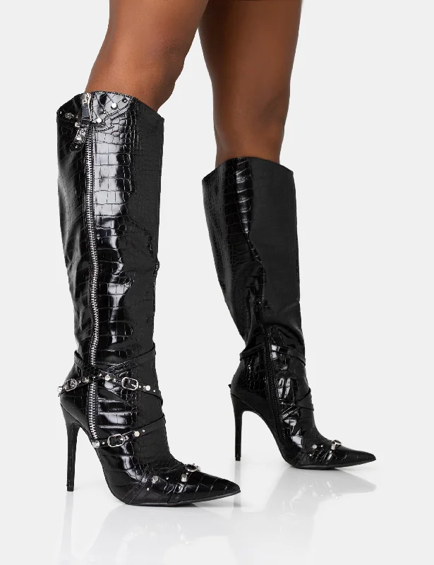 women's heeled boots with low heelWorthy Black Croc Studded Zip Detail Pointed Stiletto Knee High Boots