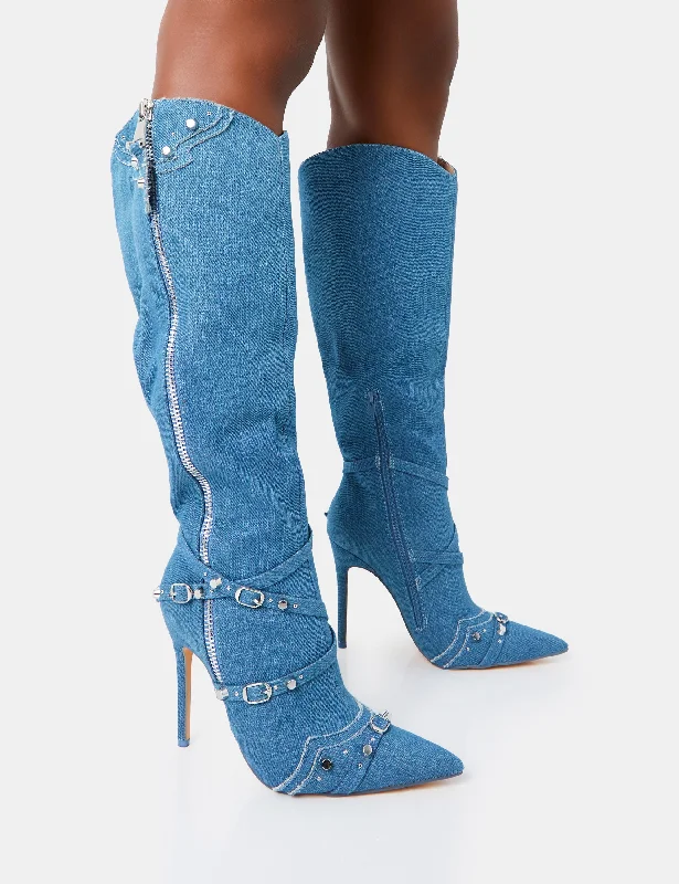 women's heeled boots for rainy daysWorthy Blue Denim Studded Zip Detail Pointed Stiletto Knee High Boots