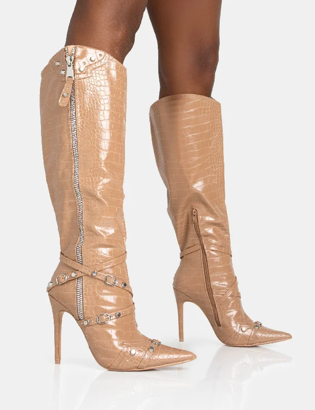 women's heeled boots with unique designsWorthy Camel Croc Studded Zip Detail Pointed Stiletto Knee High Boots